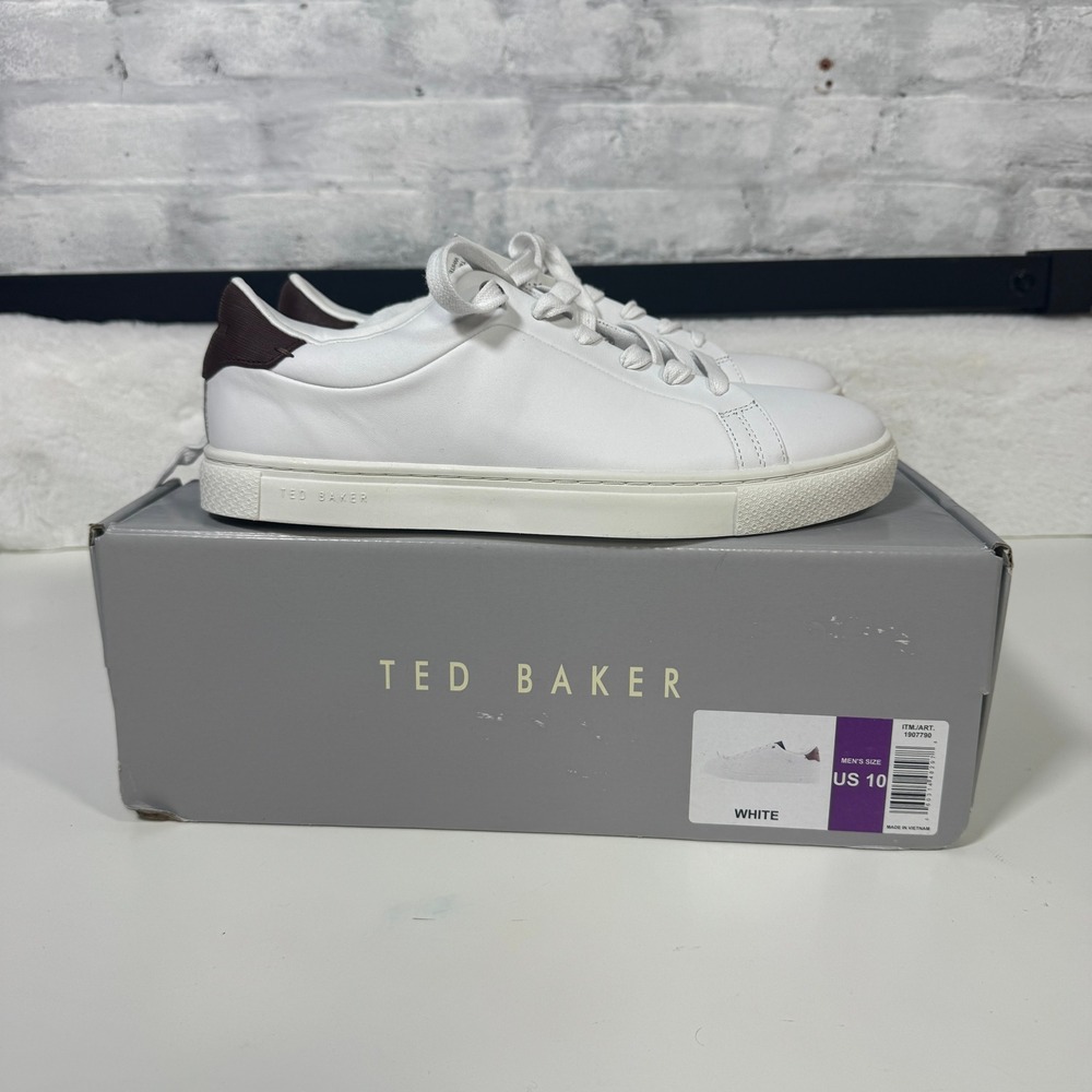 Ted Baker London Mens White Leather Low Top Sneakers Burgundy Heel Size 10